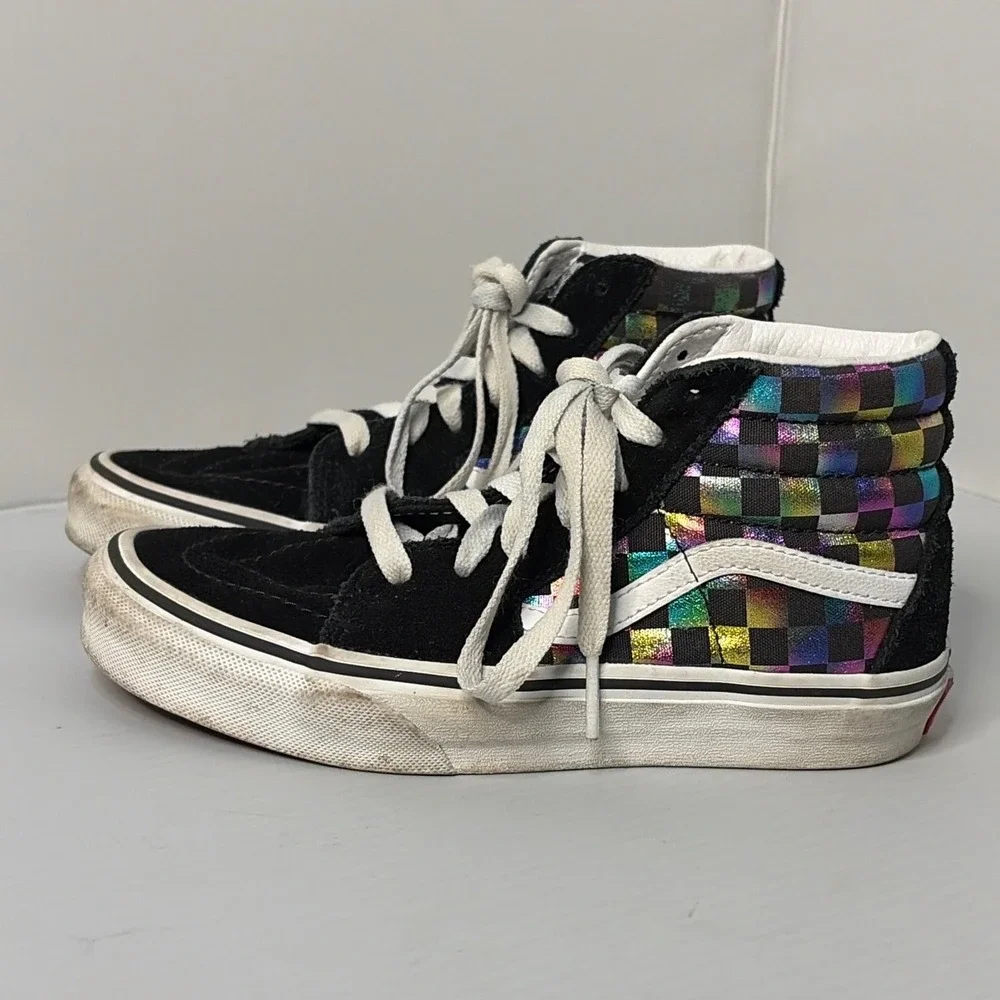 Vans Sk8-Hi Kids 2.0 Black Suede Iridescent Rainbow Checkerboard High Top Shoes